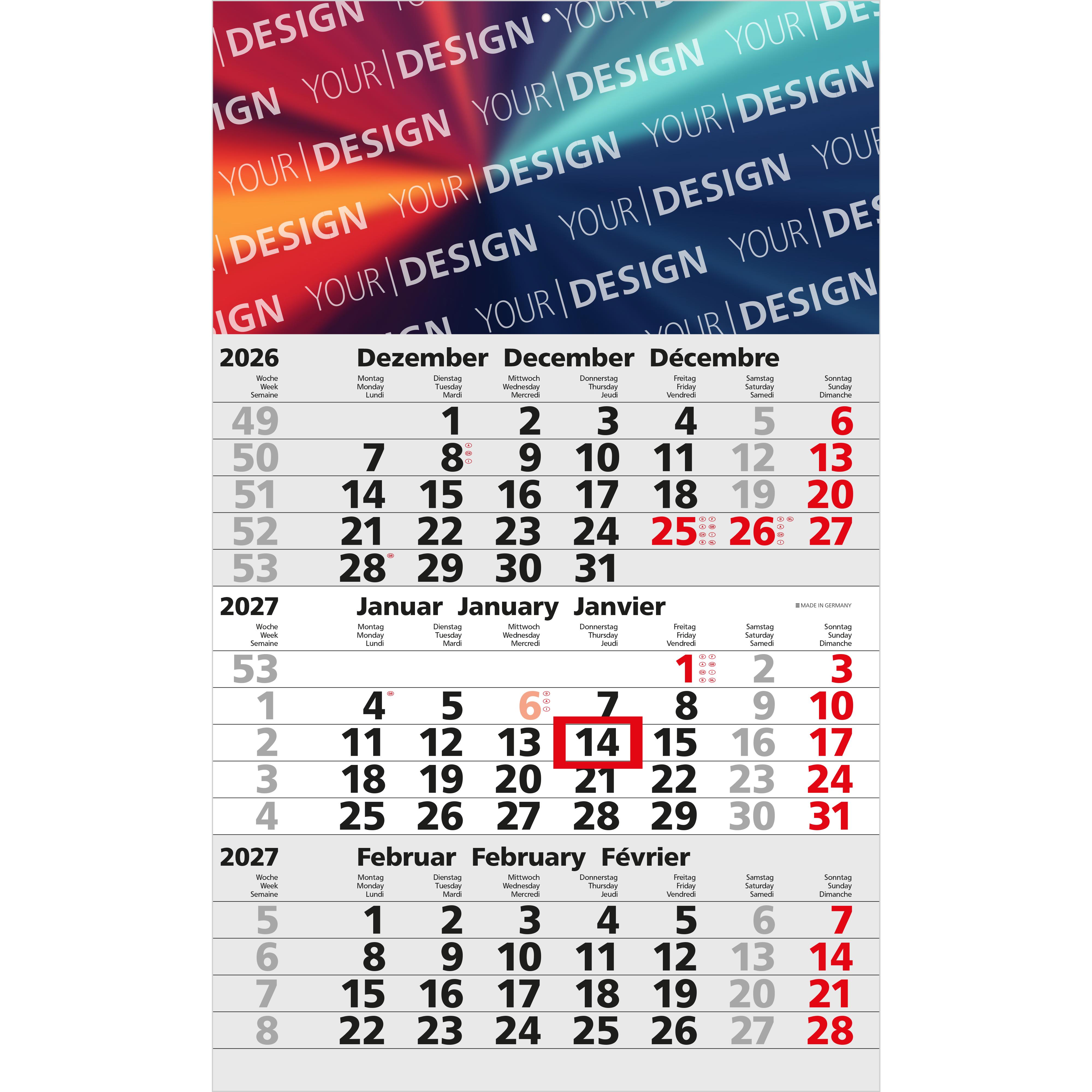 3-Monatskalender Einblatt Solid 3 Schrift klassisch